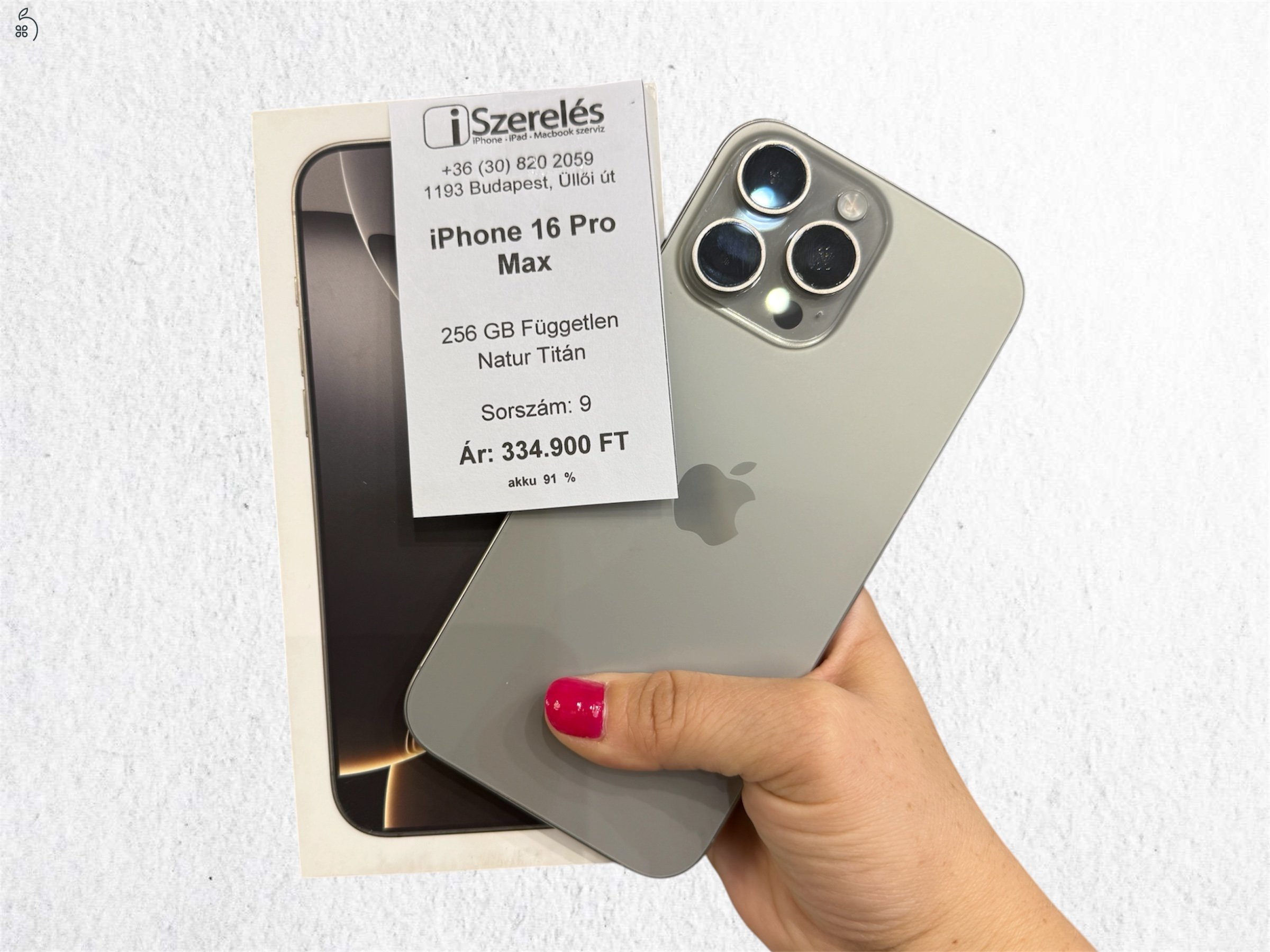 iPhone 16 Pro Max 256GB független natúr titán akku 91% (9) iSzerelés.hu