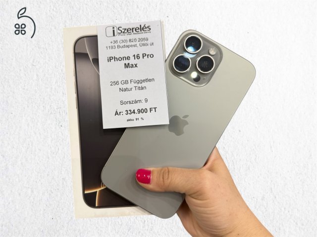 iPhone 16 Pro Max 256GB független natúr titán akku 91% (9) iSzerelés.hu