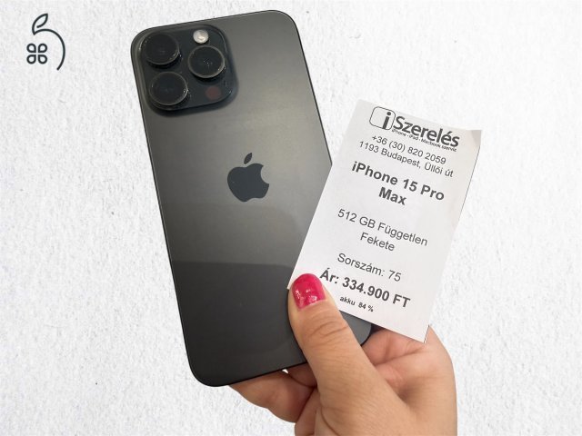 iPhone 15 Pro Max 512 GB független fekete titán JÓTÁLLÁSSAL 84% (75) iSzerelés.hu