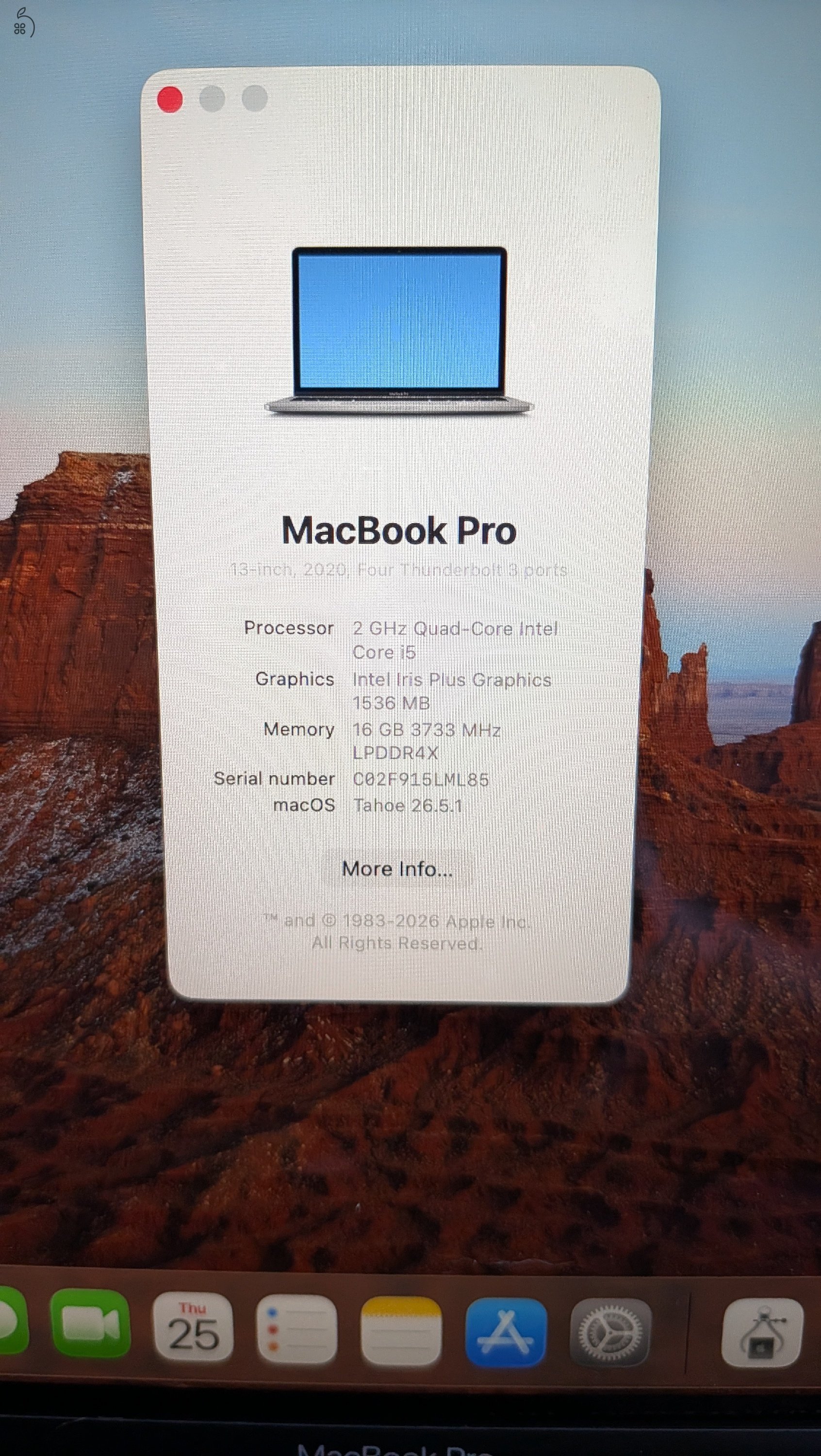 MacBook Pro 13-inch, 2 GHz Quad Core Intel i5,,  2020, 16GB RAM, 512GB, touchbar, Angol billentyuzet