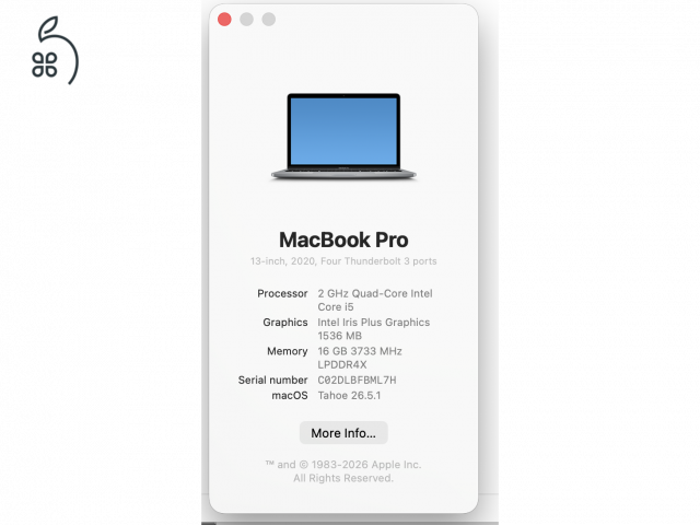 MacBook Pro 13-inch, 2 GHz Quad Core Intel i5, 2020, 16GB RAM, 512GB, touchbar, Magyar billentyuzet