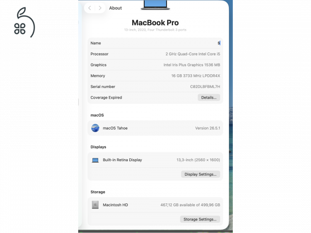 MacBook Pro 13-inch, 2 GHz Quad Core Intel i5, 2020, 16GB RAM, 512GB, touchbar, Magyar billentyuzet