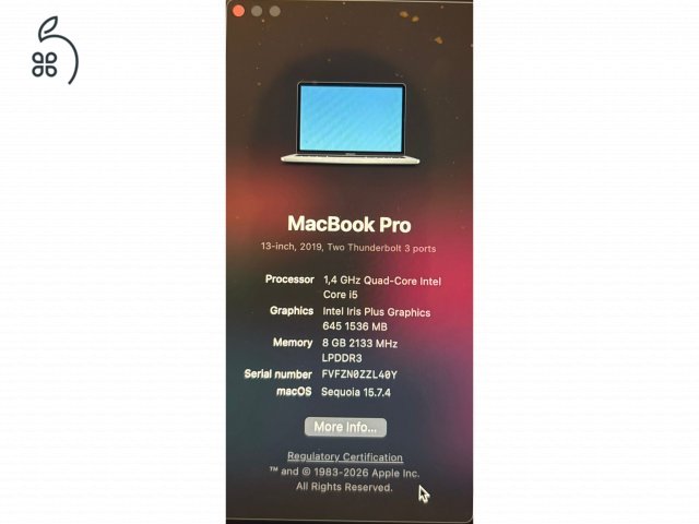 ELADÓ – MACBOOK PRO 13” (2019) – SZÉP ÁLLAPOT, TESZTELT, AZONNAL HASZNÁLHATÓ