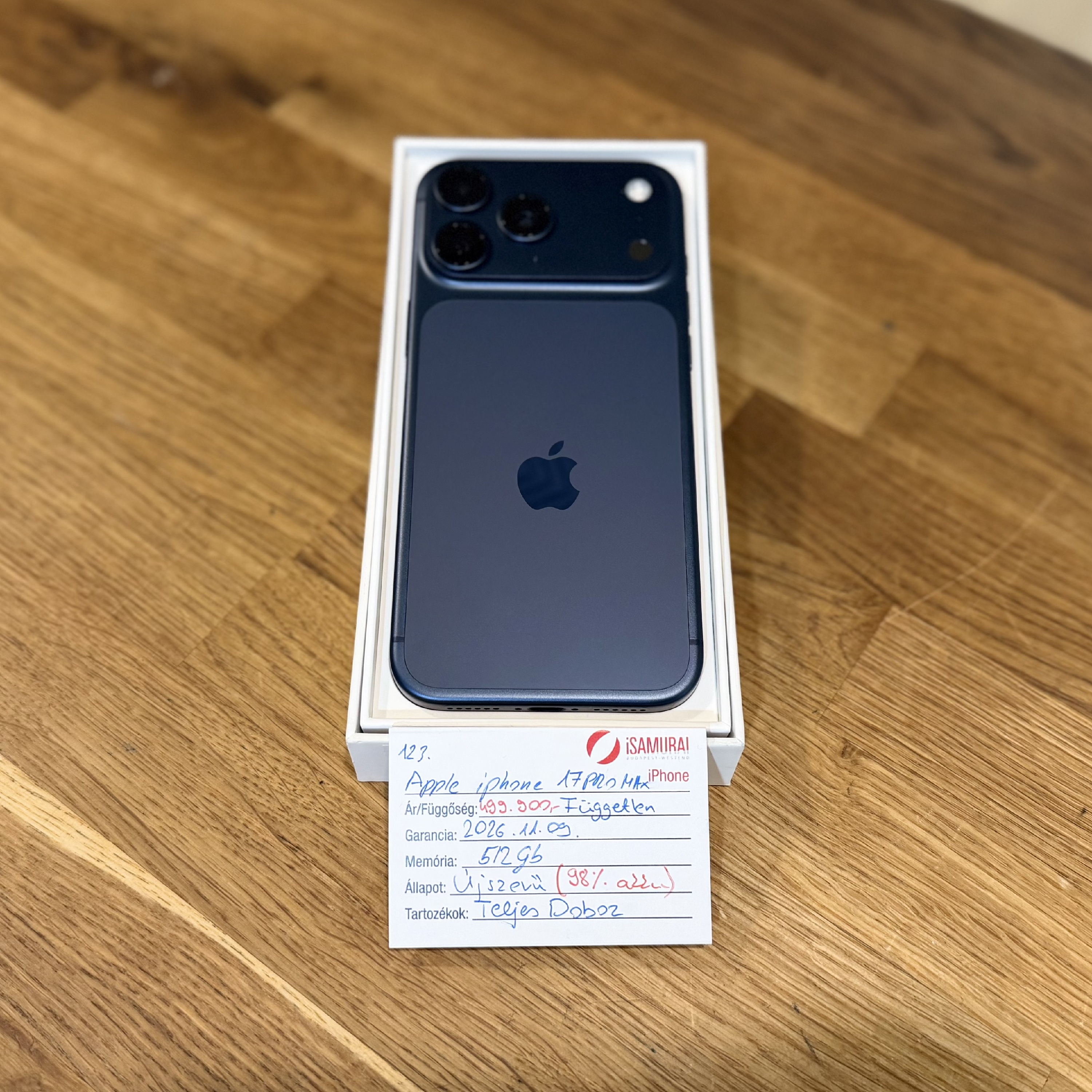 Apple iPhone 17 Pro Max - 512GB - Deep Blue - Újszerű - Akku 98% - 2026.11.09. Apple (123.)