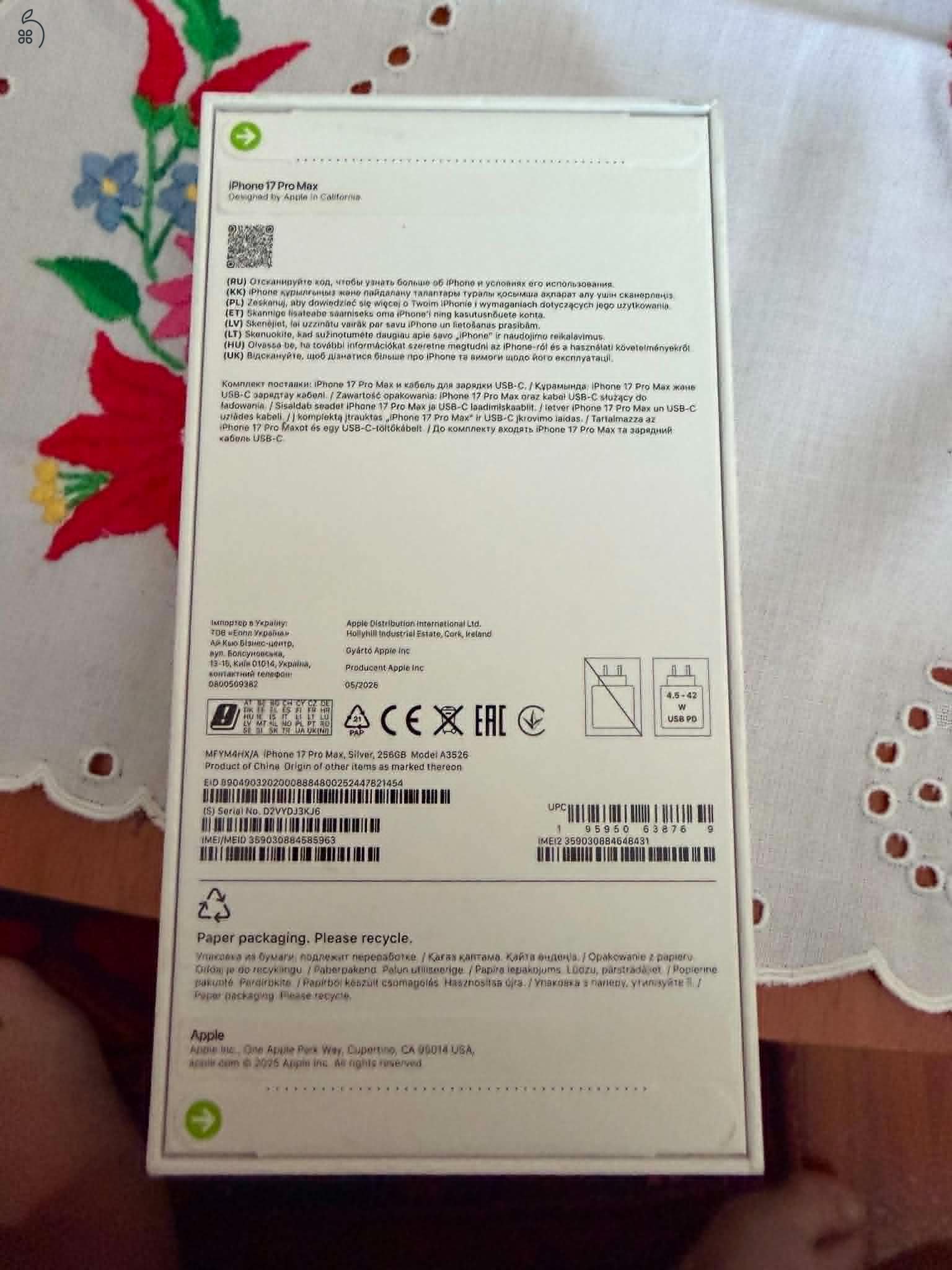 17 Pro Max 256GB Eredeti bontatlan dobozban 