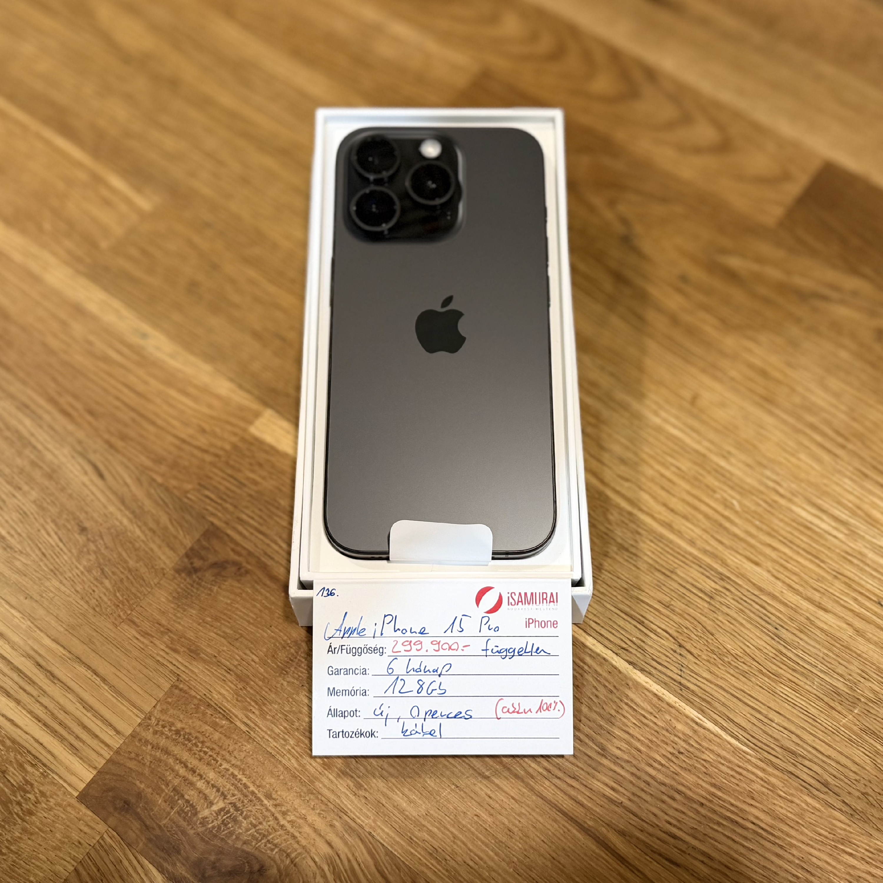 0. Apple iPhone 15 Pro  - 128GB - Fekete Titán - Akku 100% - ÚJ, 0 perces (136.)