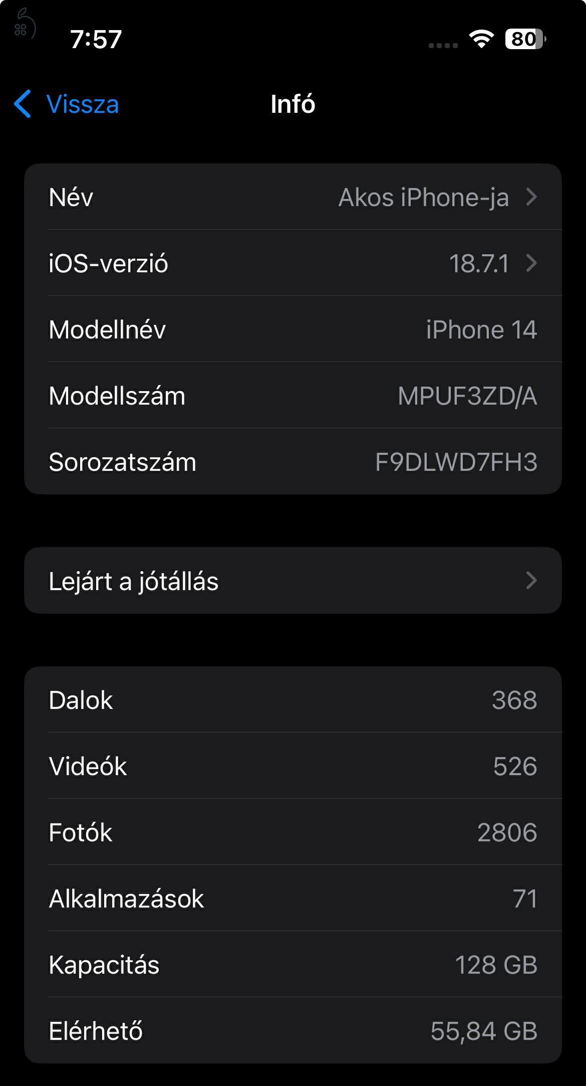 Eladó iPhone 14 128GB – Midnight kék, kártyafüggetlen (87%)