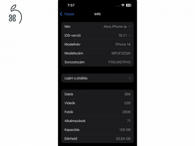 Eladó iPhone 14 128GB – Midnight kék, kártyafüggetlen (87%)
