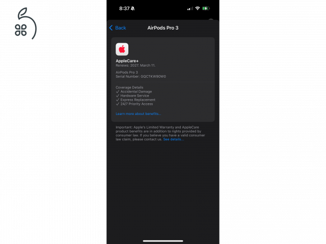 Airpods Pro 3  Jótállás: 2028.01. - apple care + 2027.Márc.11.ig