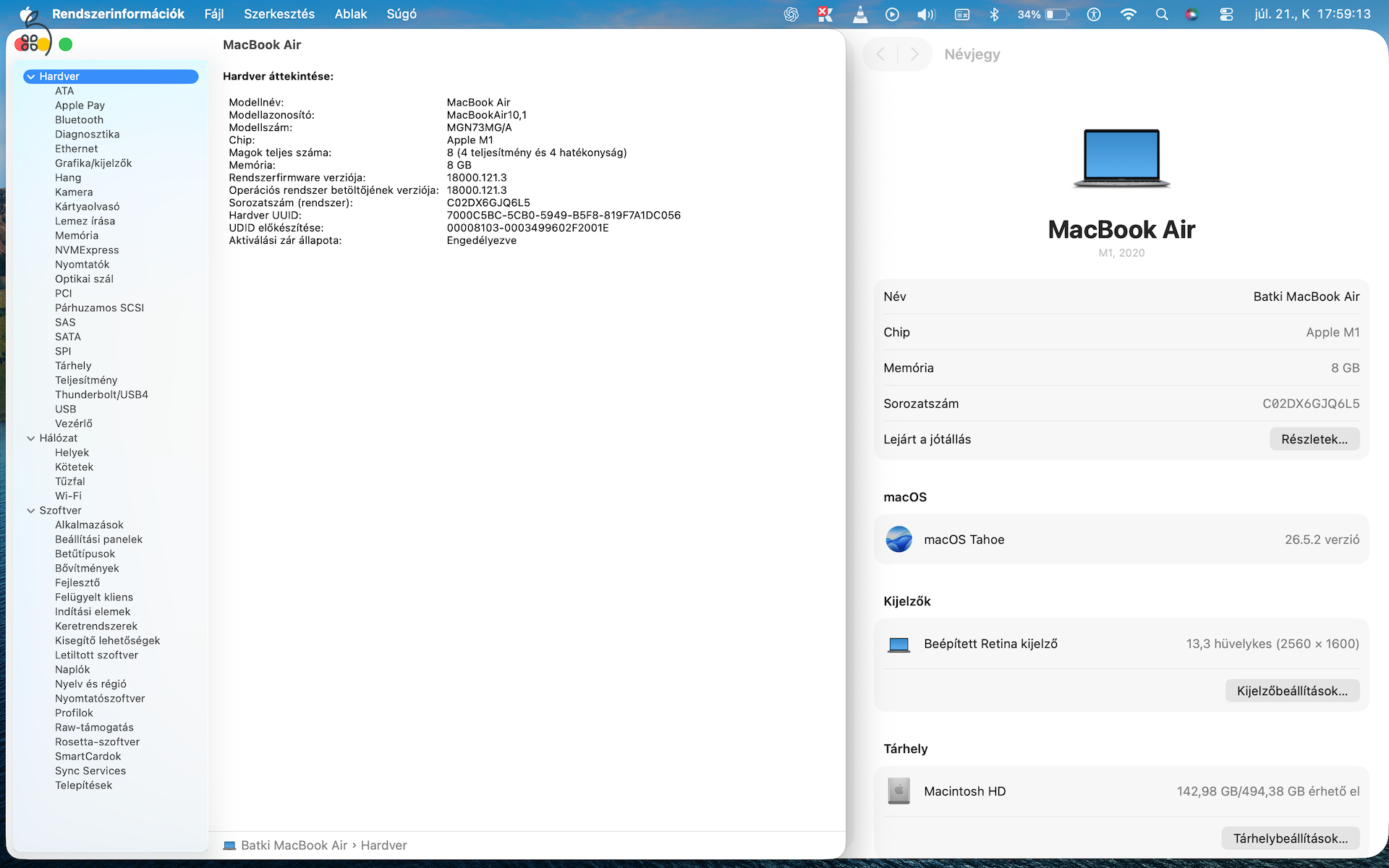 Apple MacBook Air 13” M1 (2020) | 8 GB RAM | 512 GB SSD | Doboz, számla |