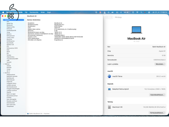 Apple MacBook Air 13” M1 (2020) | 8 GB RAM | 512 GB SSD | Doboz, számla |