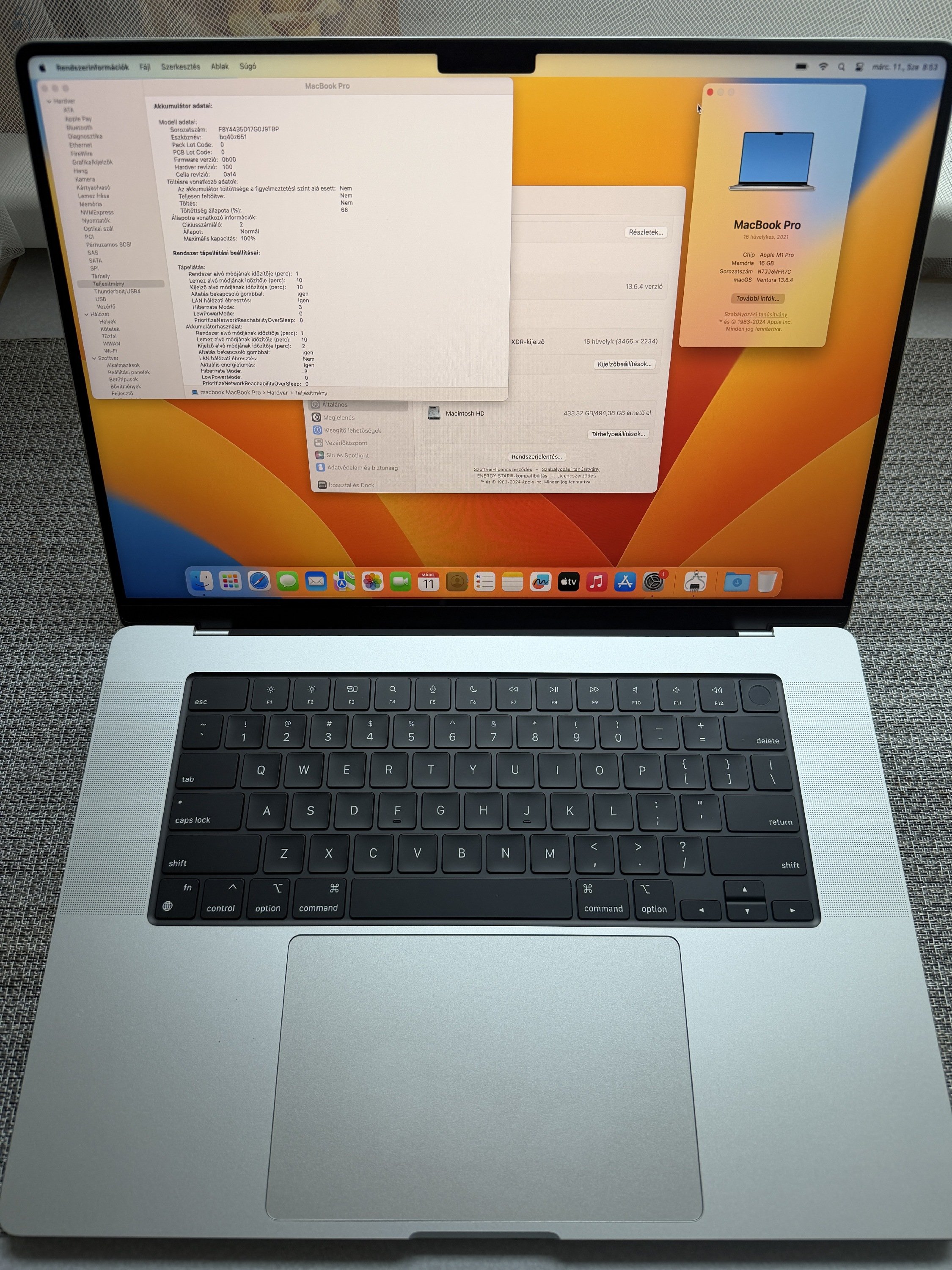  Macbook Pro 16' Silver M1 Pro /16Gb ram/ 512Gb  SSD Új Akksi!