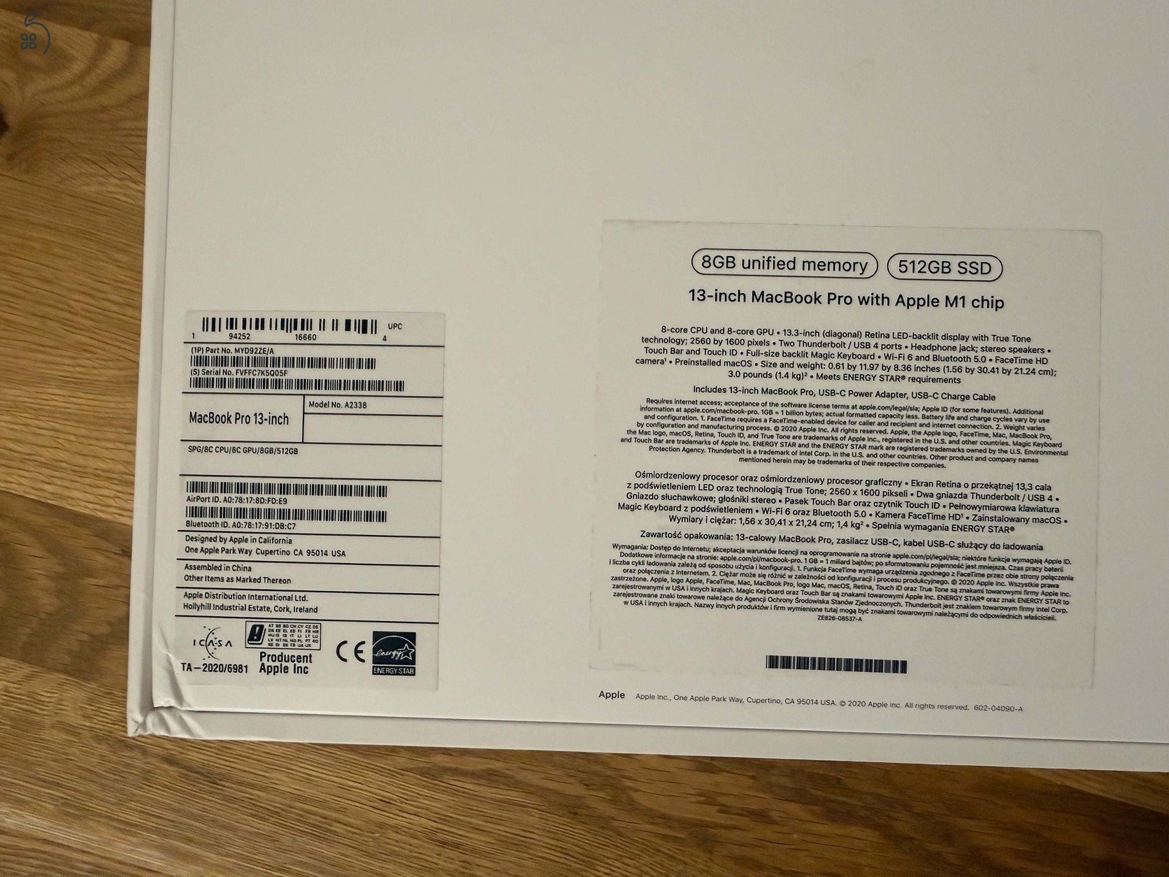 MacBook Pro 2020 M1 - 8GB/512GB - 94% akksi, 156 ciklus