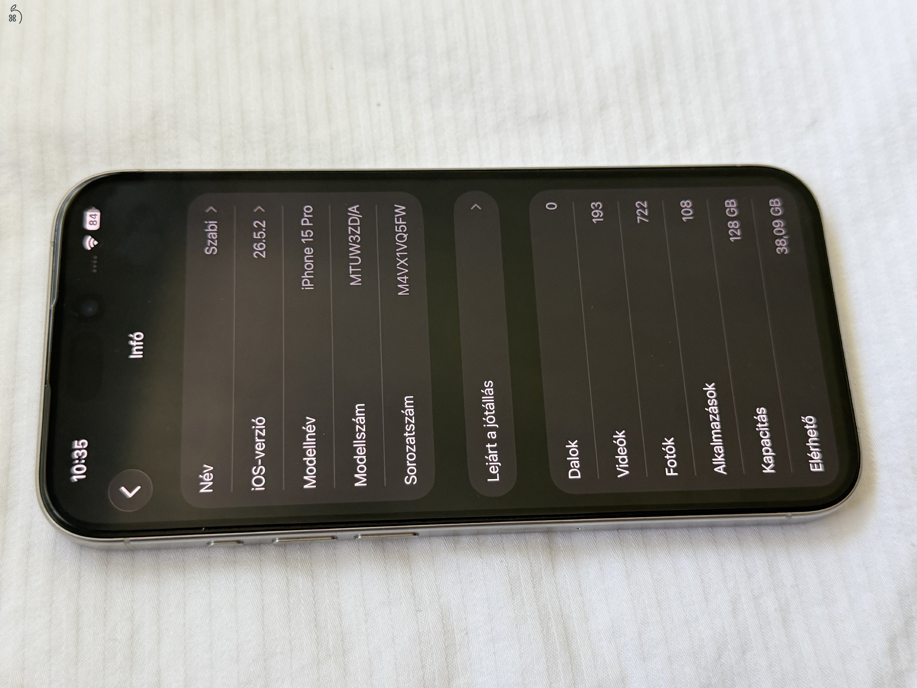 Apple iPhone 15pro 128GB (Titán Fehér)