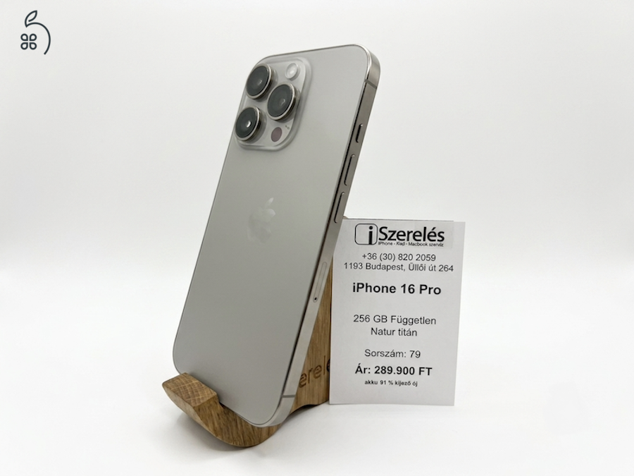 iPhone 16 Pro 256GB natúr titán független akku 91% új kijelző (79) iSzerelés.hu