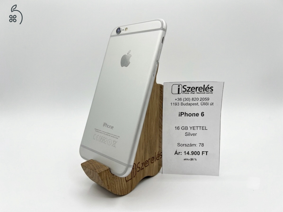 iPhone 6 16GB yettel silver akku 98% (78) iSzerelés.hu