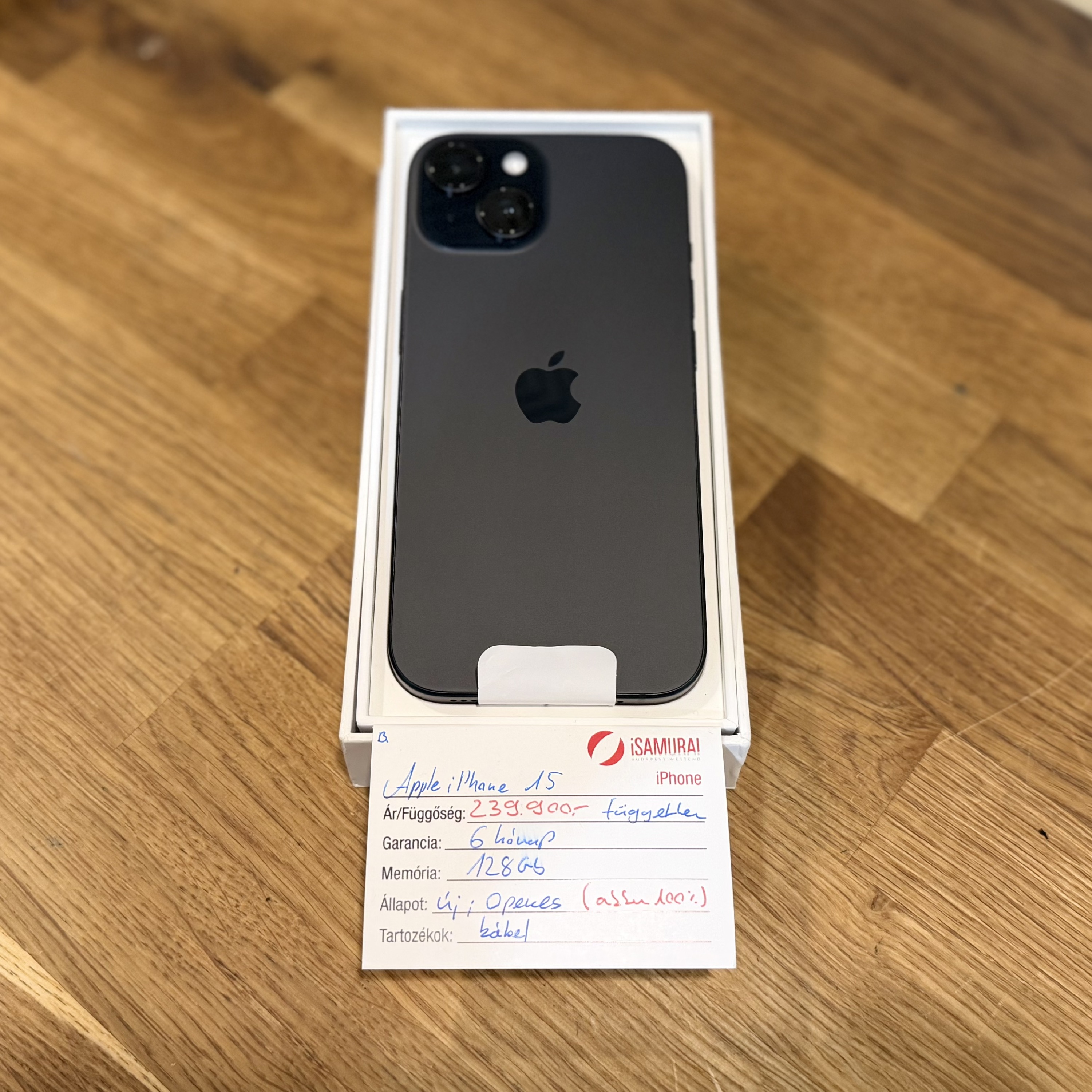 1. Apple iPhone 15  - 128GB - Fekete - Akku 100% - ÚJ, 0 perces