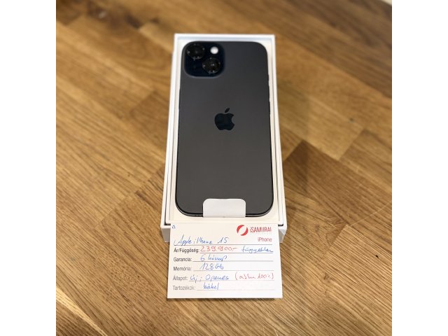 1. Apple iPhone 15  - 128GB - Fekete - Akku 100% - ÚJ, 0 perces