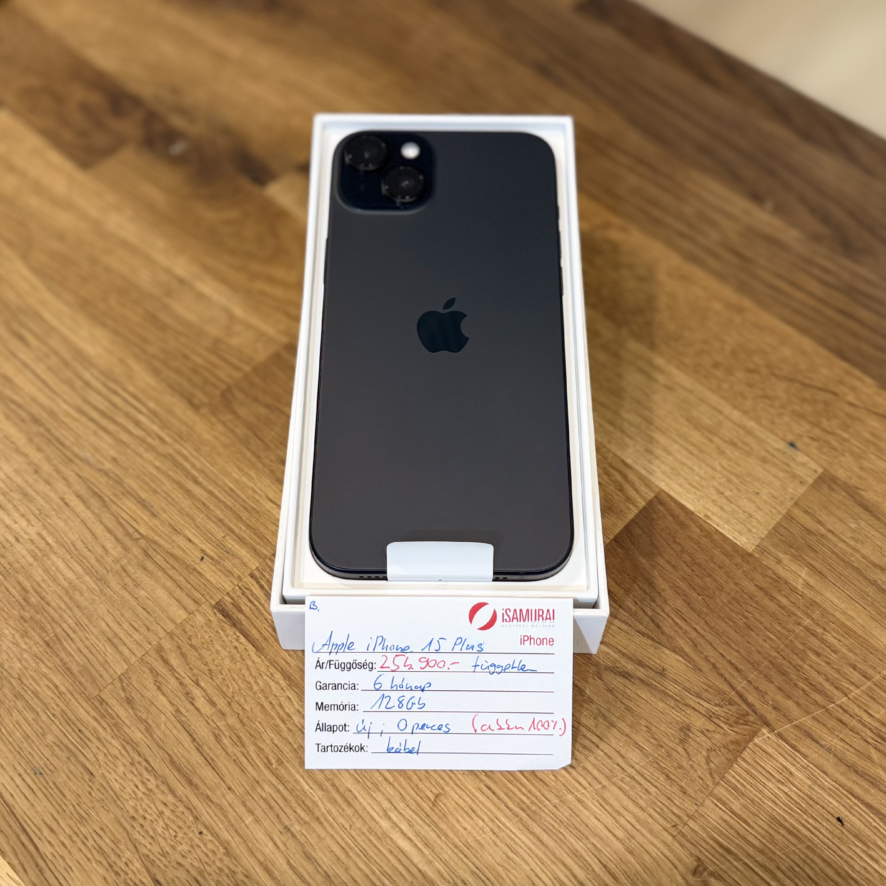 1. Apple iPhone 15 Plus  - 128GB - Fekete - Akku 100% - ÚJ, 0 perces