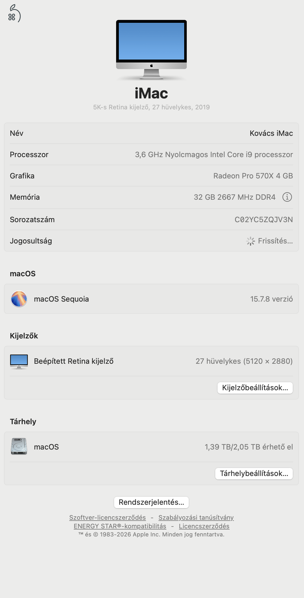 Eladó iMac 2019 CTO – i9 / 32 GB RAM / 2 TB SSD