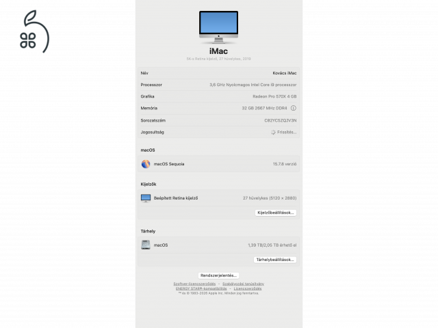 Eladó iMac 2019 CTO – i9 / 32 GB RAM / 2 TB SSD