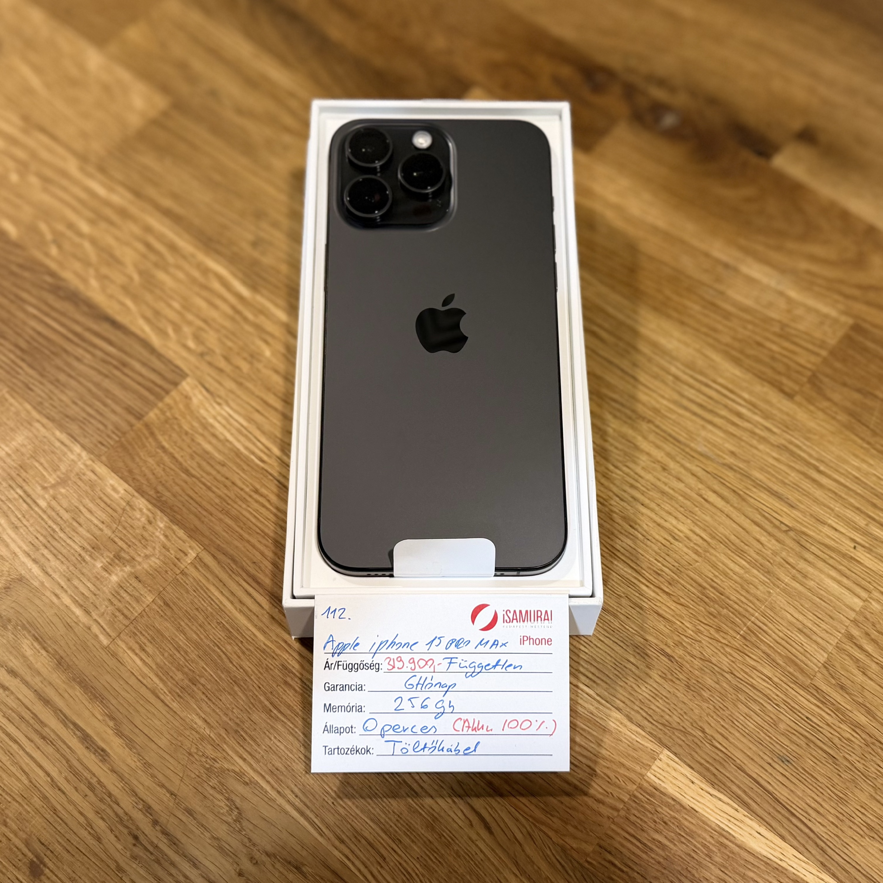 0. Apple iPhone 15 Pro Max  - 256GB - Fekete Titán - Akku 100% - ESIM - ÚJ, 0 perces (136.)