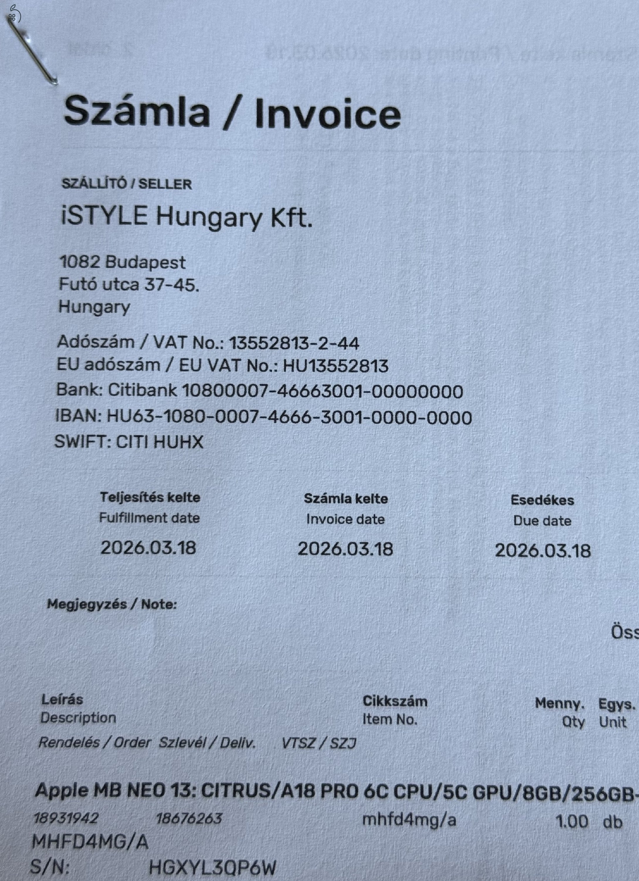Garanciális MacBook Neo eladó makulátlan állapotban