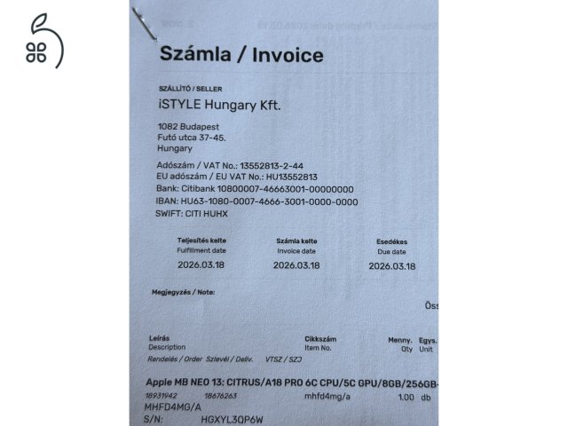 Garanciális MacBook Neo eladó makulátlan állapotban