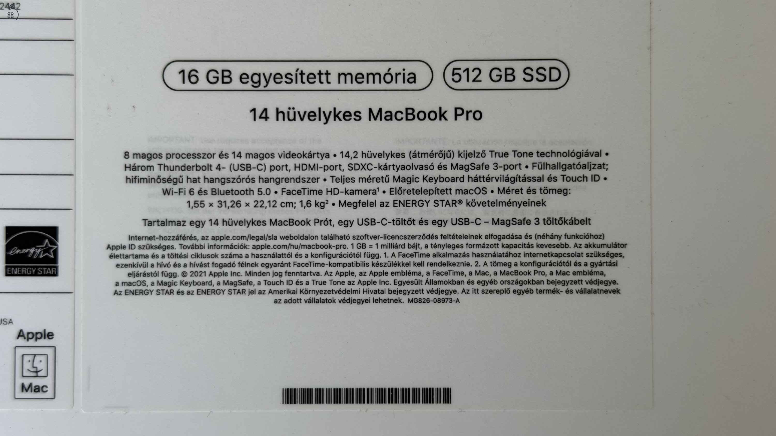 MacBook Pro 14″ M1 Pro 16 GB / 512 GB – karcmentes, teljes gyári csomag