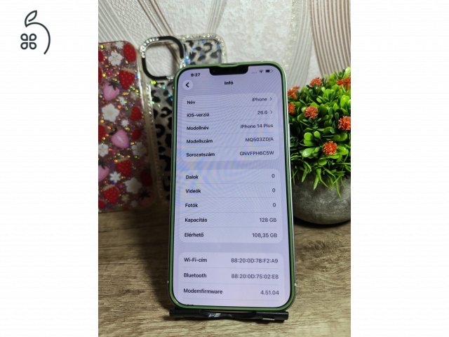 iPhone 14 Plus 128GB Purple 100% akku, kártyafüggetlen, nagyon szép, extra ajándékokal!
