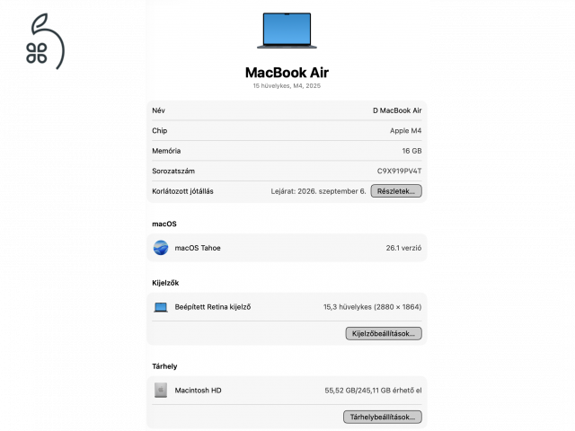 Macbook Air 2025 - 15” - M4 - 3 év balesetbiztosítással