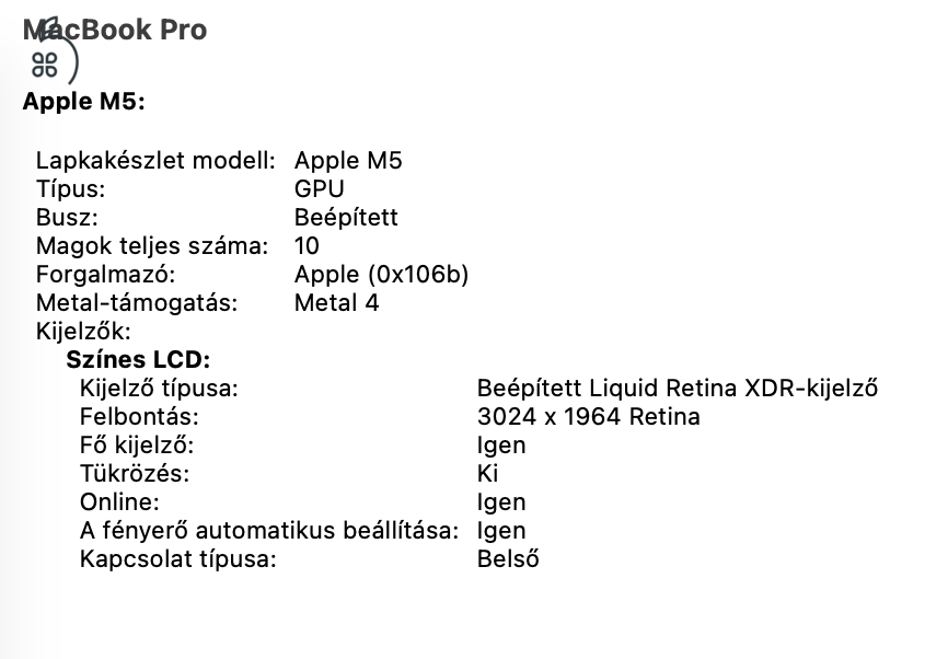 MacBook Pro 14” – Apple M5 – 24 GB RAM – 1 TB SSD – Újszerű állapot – 8 ciklus!