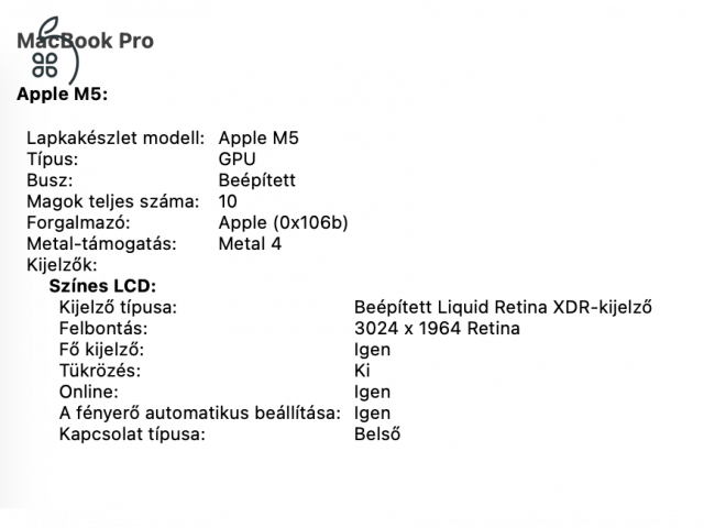 MacBook Pro 14” – Apple M5 – 24 GB RAM – 1 TB SSD – Újszerű állapot – 8 ciklus!