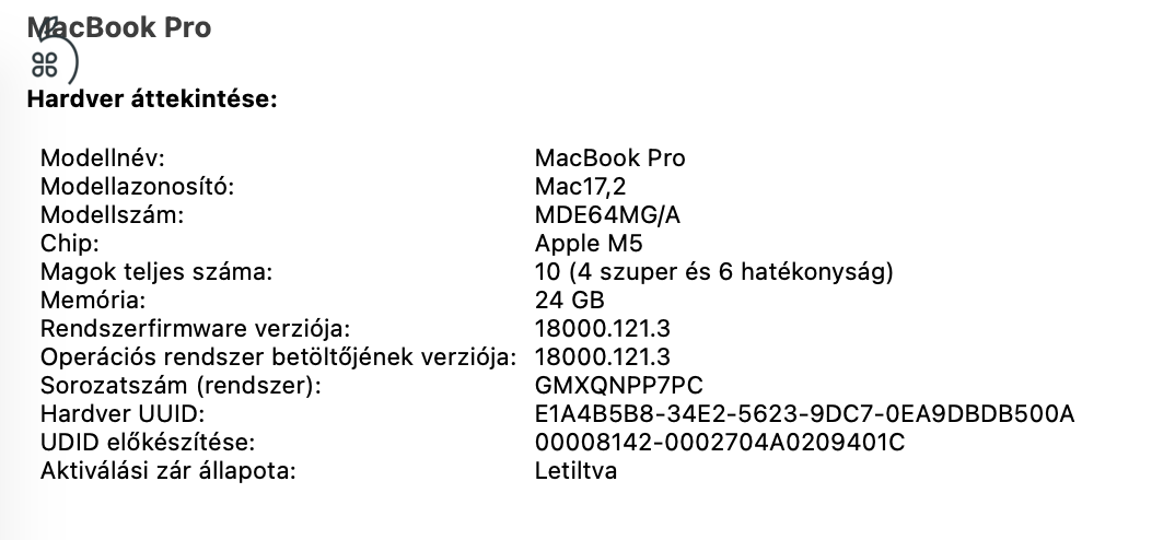 MacBook Pro 14” – Apple M5 – 24 GB RAM – 1 TB SSD – Újszerű állapot – 8 ciklus!