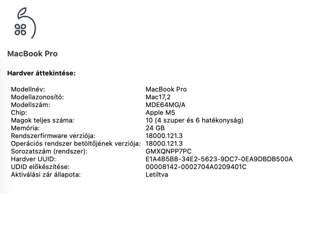 MacBook Pro 14” – Apple M5 – 24 GB RAM – 1 TB SSD – Újszerű állapot – 8 ciklus!