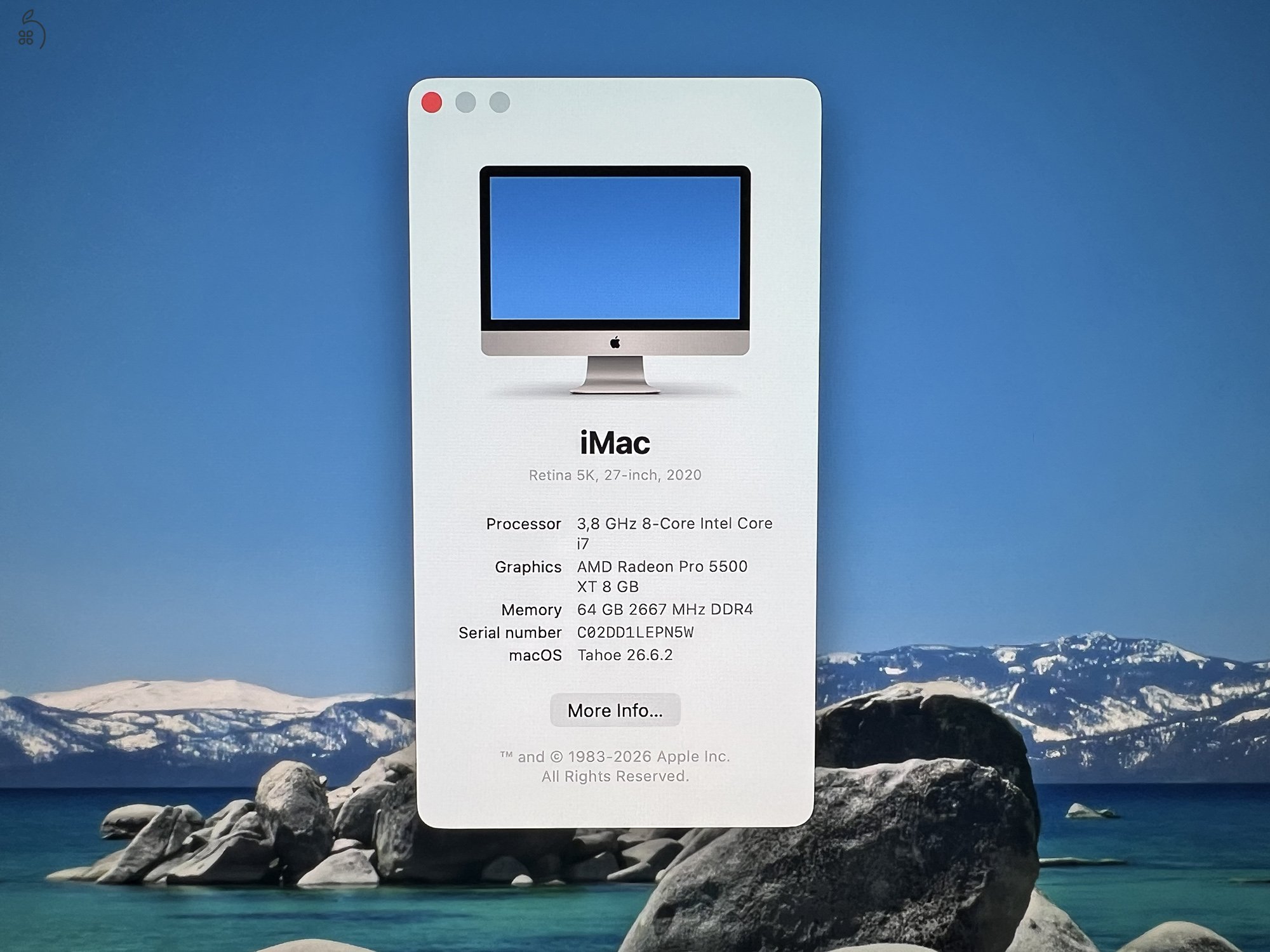 iMac Retina 5K 2020, 27colos, 8-Core, Intel i7, 3.8ghz, 512GB SSD, 64GB RAM
