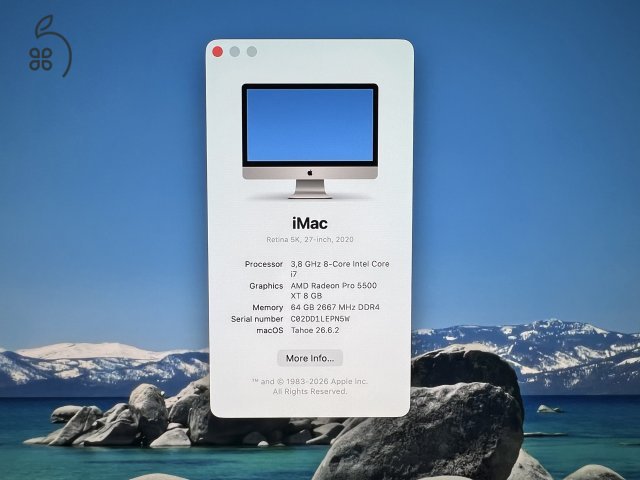 iMac Retina 5K 2020, 27colos, 8-Core, Intel i7, 3.8ghz, 512GB SSD, 64GB RAM