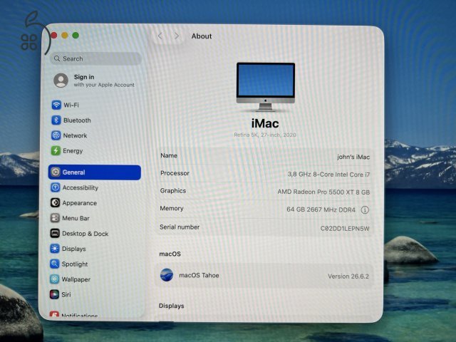 iMac Retina 5K 2020, 27colos, 8-Core, Intel i7, 3.8ghz, 512GB SSD, 64GB RAM