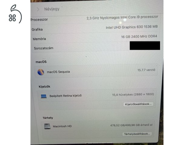 MacBook Pro 15 2019 I9/16GB RAM/512GB SSD/Radeon Pro 560X/Touchbar eladó!