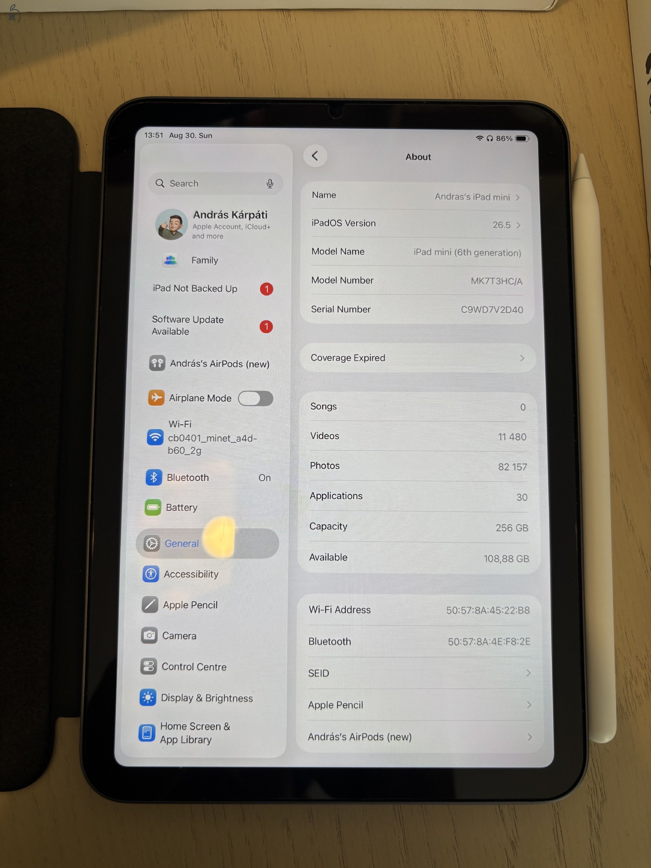 iPad mini 6 256GB + Apple Pencil 2 + 3 tok (karcmentes, 93% akku)