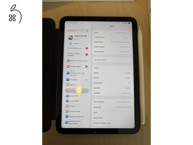 iPad mini 6 256GB + Apple Pencil 2 + 3 tok (karcmentes, 93% akku)