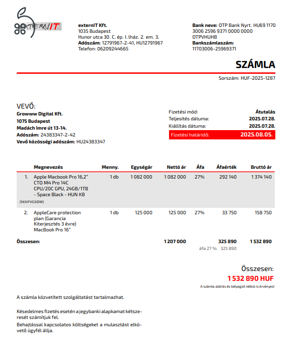 Újszerű Apple Macbook Pro 16,2” eladó