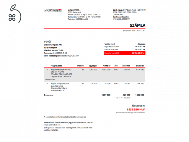Újszerű Apple Macbook Pro 16,2” eladó