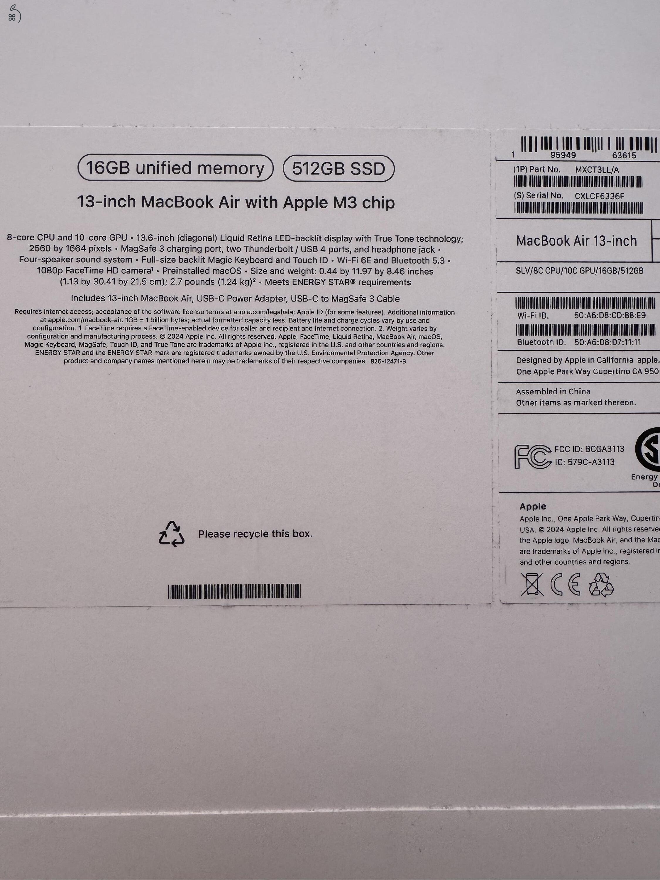 MacBook Air 13” M3 (16 GB RAM, 512 GB SSD), Silver