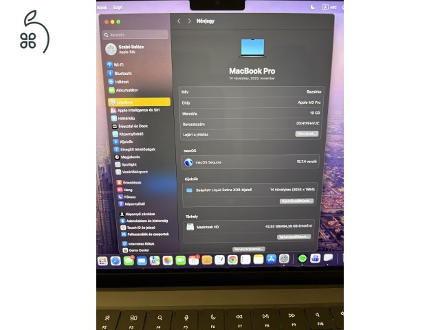 Eladó Macbook Pro M3 Pro | 18 GB | 512 GB SSD