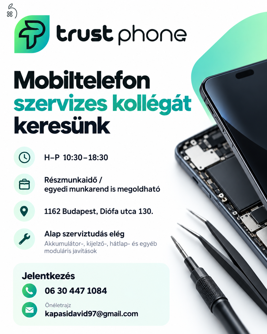 Mobiltelefon szerviztechnikust keresünk – Trust Phone | Budapest XVI. kerület