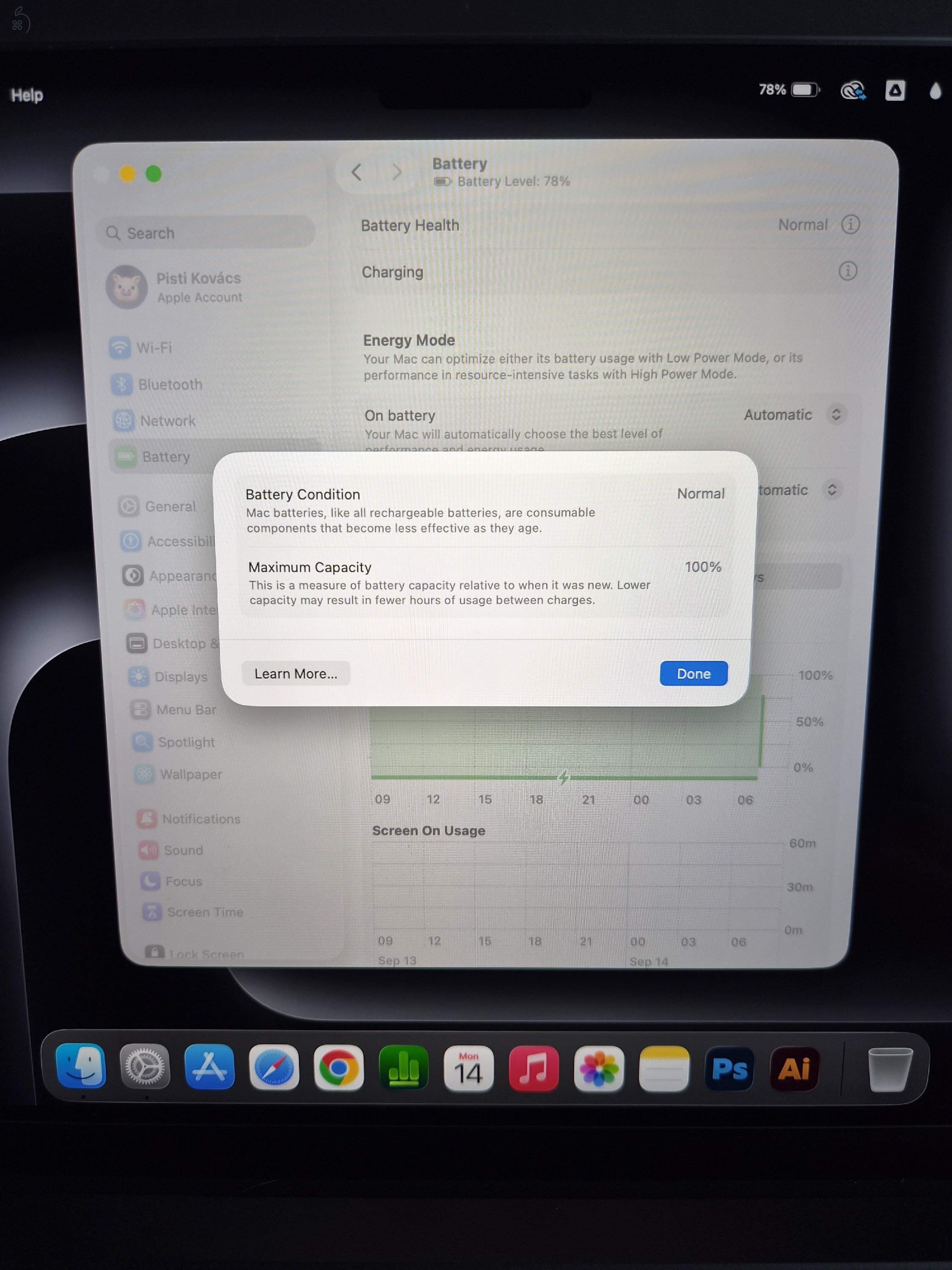 MacBook Pro 14” M4Pro Chip 14 mag CPU & 20 mag GPU, 24GB RAM, 1TB SSD, Akku: 100% 