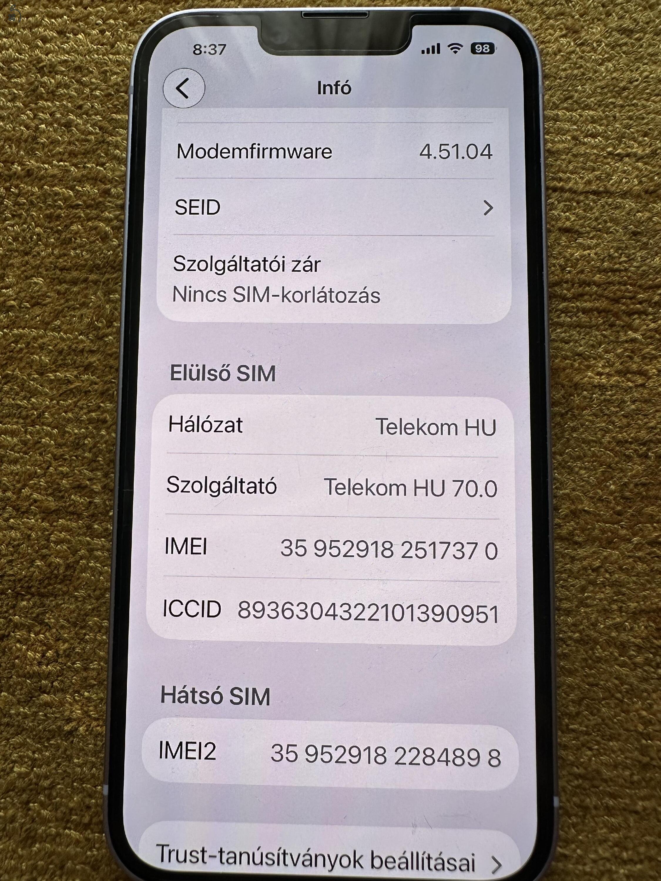 Eladó Iphone 14 hibátlan Független 1 gazdis.128gb Lila.