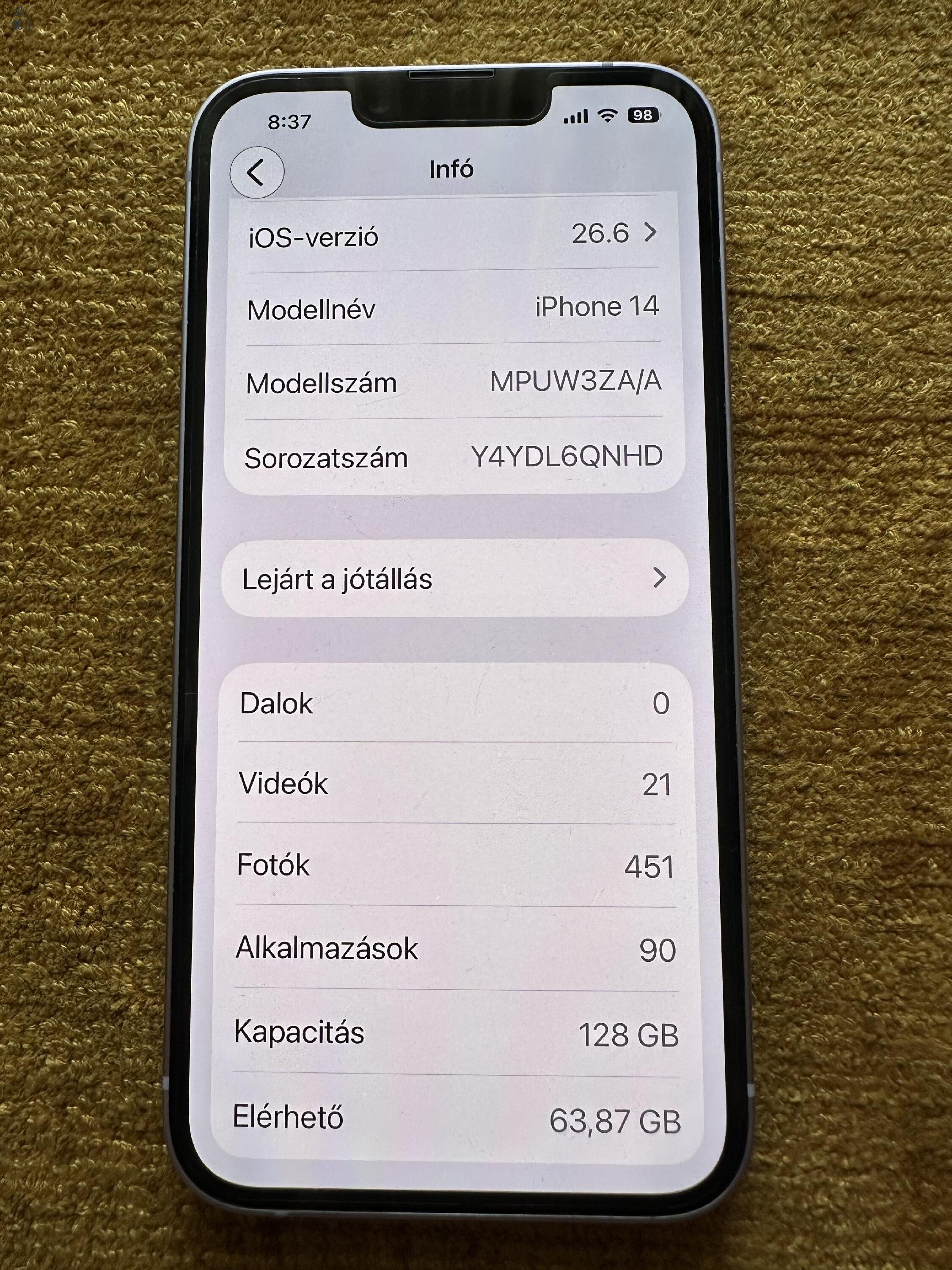 Eladó Iphone 14 hibátlan Független 1 gazdis.128gb Lila.