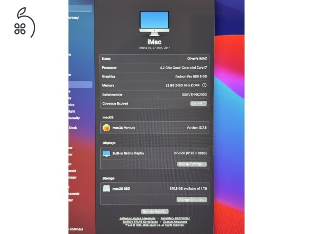 Kivánló állapotú, erős iMAC 2017 / 5K 27